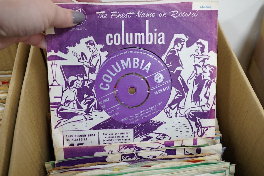 Three boxes of 7 inch singles, all on the Columbia label, artist include; the Shadows, Cliff Richard, the John Barry Seven, Michael Holliday, Frank Ifield, Helen Shapiro, Paul Anka, The Dave Clark Five, Pat Wayne, the An